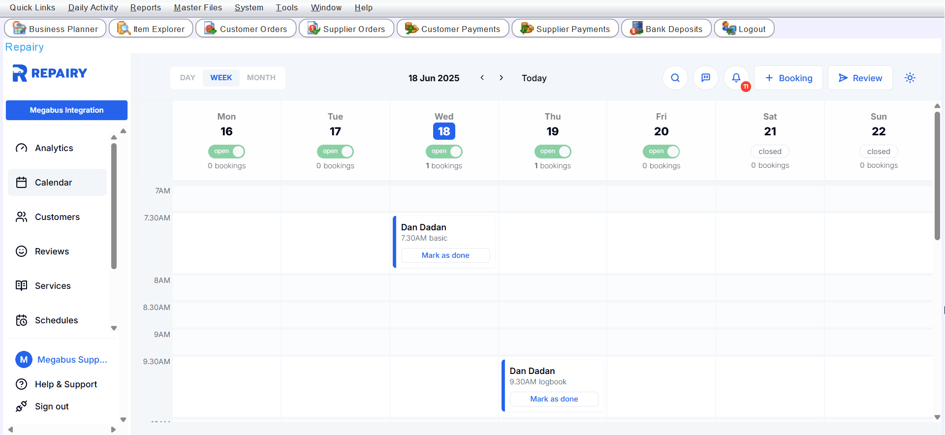 Screenshot of the Repairy booking calendar inside Marlin Tyre and Mechanical Workshop Software