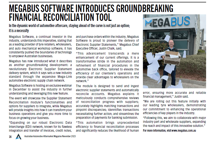 Australian Automotive Aftermarket Magazine article: Megabus Software introduces groundbreaking financial reconciliation tool